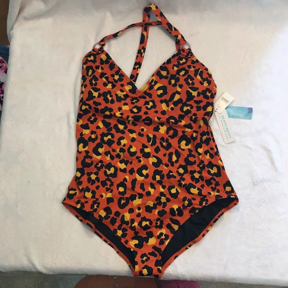 Beach Betty Swimsuit Women XL Orange New Leopard Print Halter O-Ring 674420